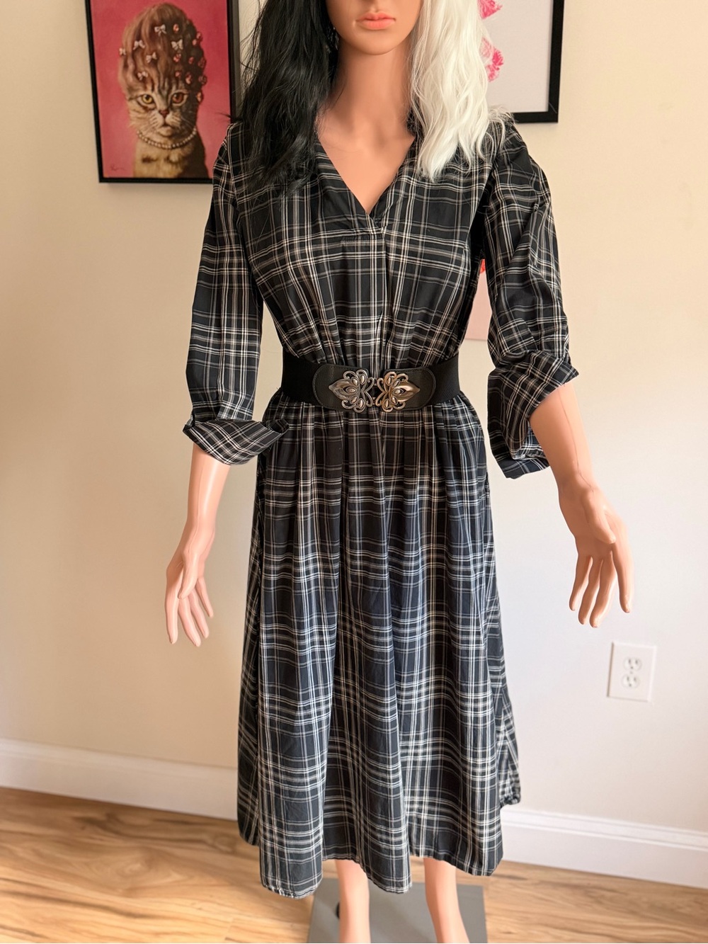 American Holic Plaid Maxi Shirt Dress - Black & Grey Check Size F (Japan) Large